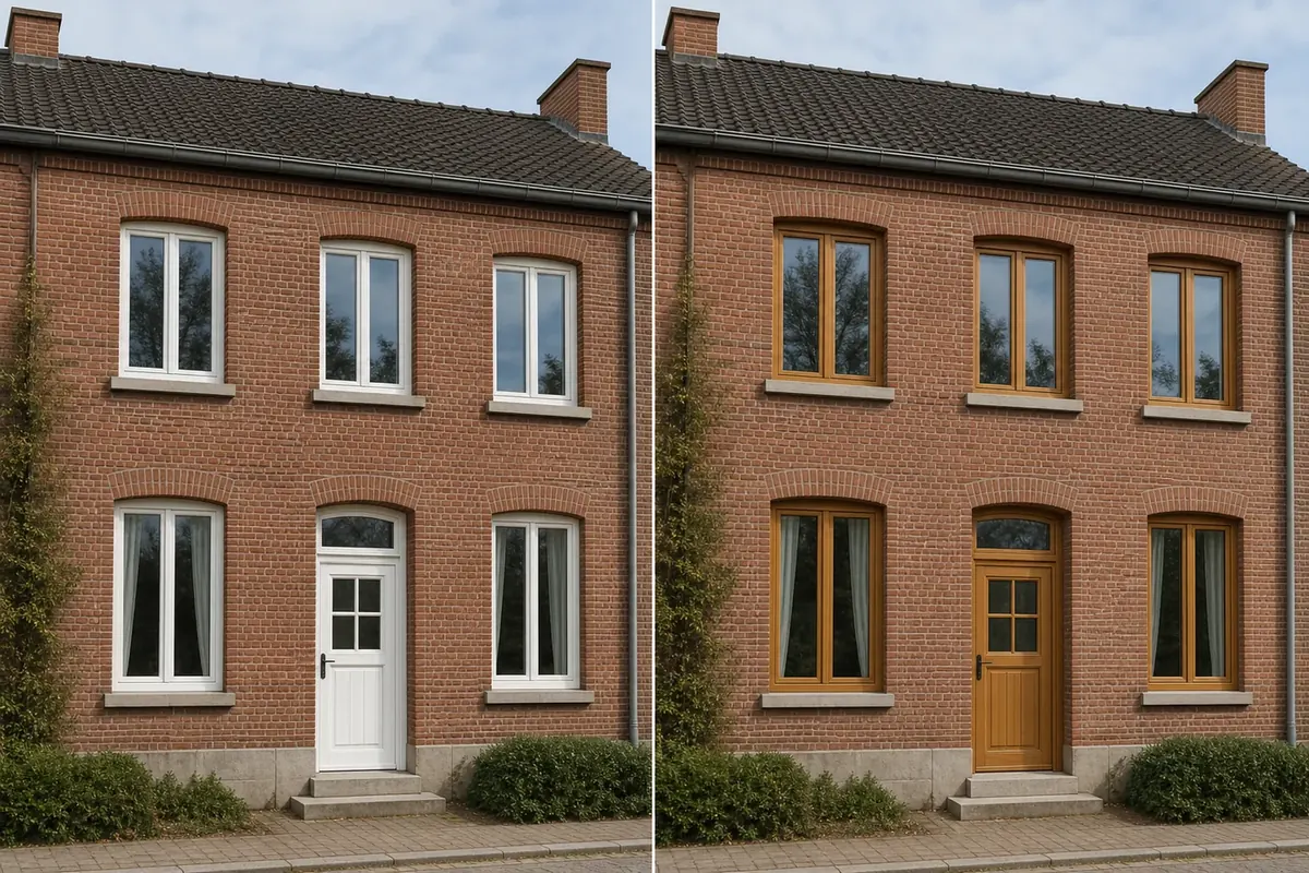 Simulation avant après de châssis blancs remplacés par des châssis PVC aspect bois
