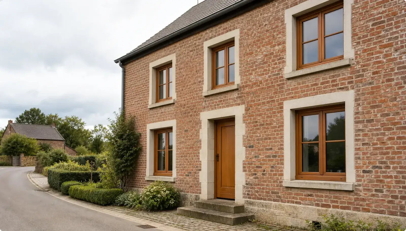 Simulation d'une maison belge en briques équipée de châssis PVC aspect chêne