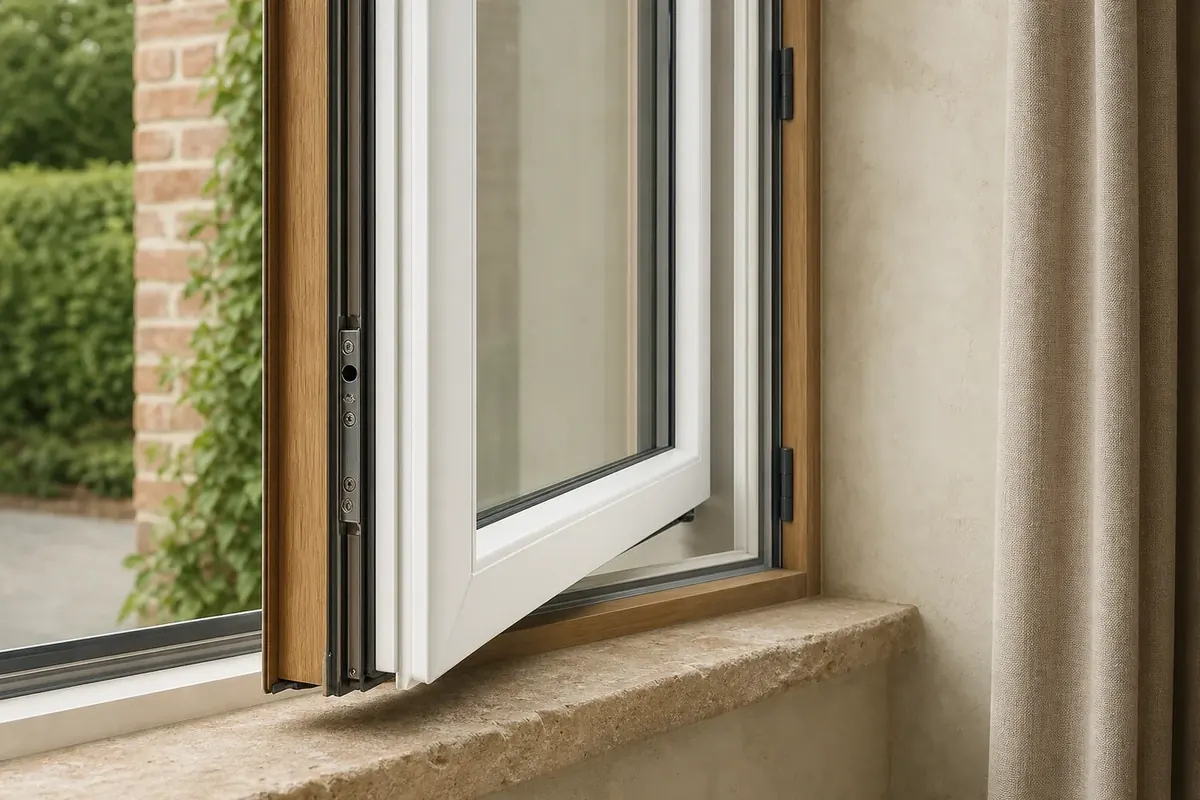 Simulation d'un châssis PVC blanc à l'intérieur et aspect bois à l'extérieur